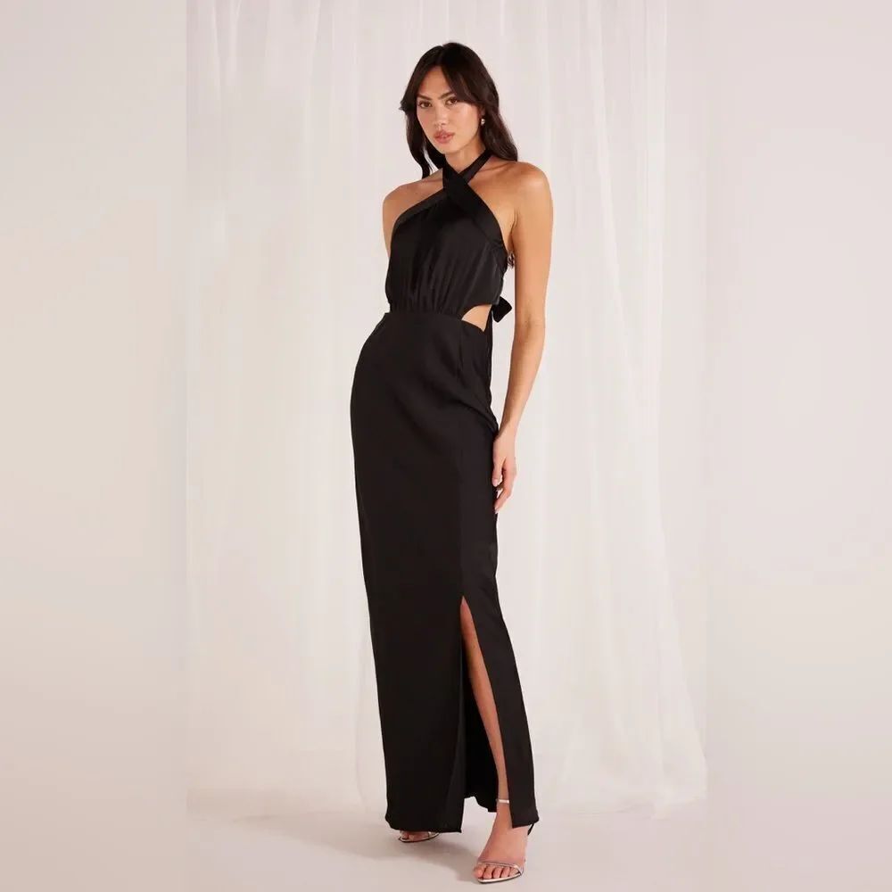 NWT MINKPINK Black S Satin Halter Cut Out Silky Maxi Dress Gown
